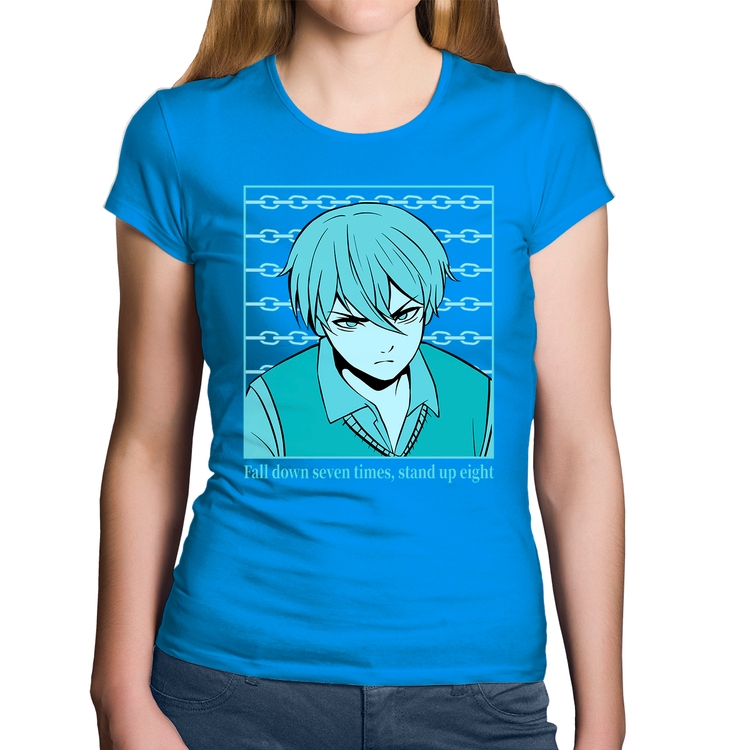 Baby Look Algodão Fall Down Seven Times, Stand Up Eight - Azul