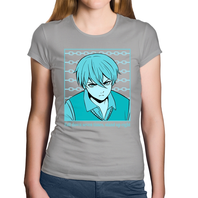 Baby Look Algodão Fall Down Seven Times, Stand Up Eight - Cinza