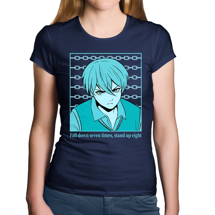 Baby Look Algodão Fall Down Seven Times, Stand Up Eight - Marinho