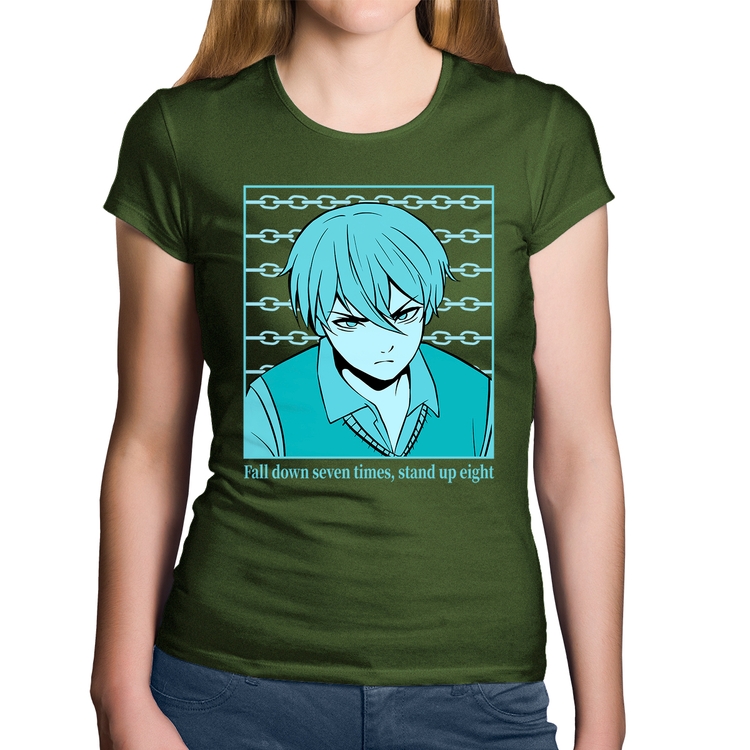 Baby Look Algodão Fall Down Seven Times, Stand Up Eight - Musgo