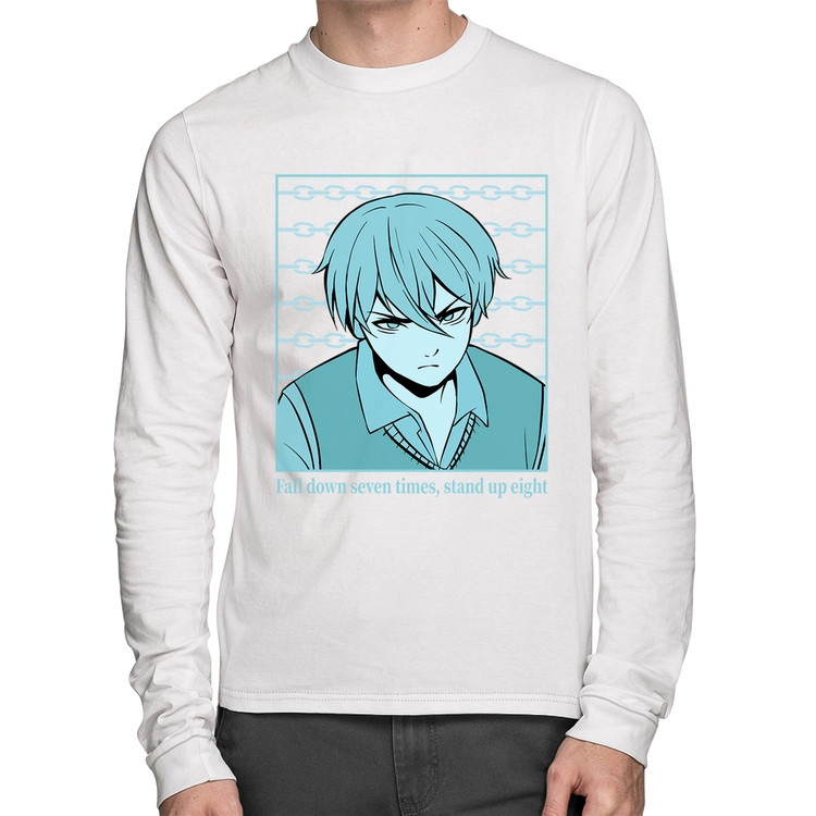 Camiseta Algodão Fall Down Seven Times, Stand Up Eight Manga Longa - Branca