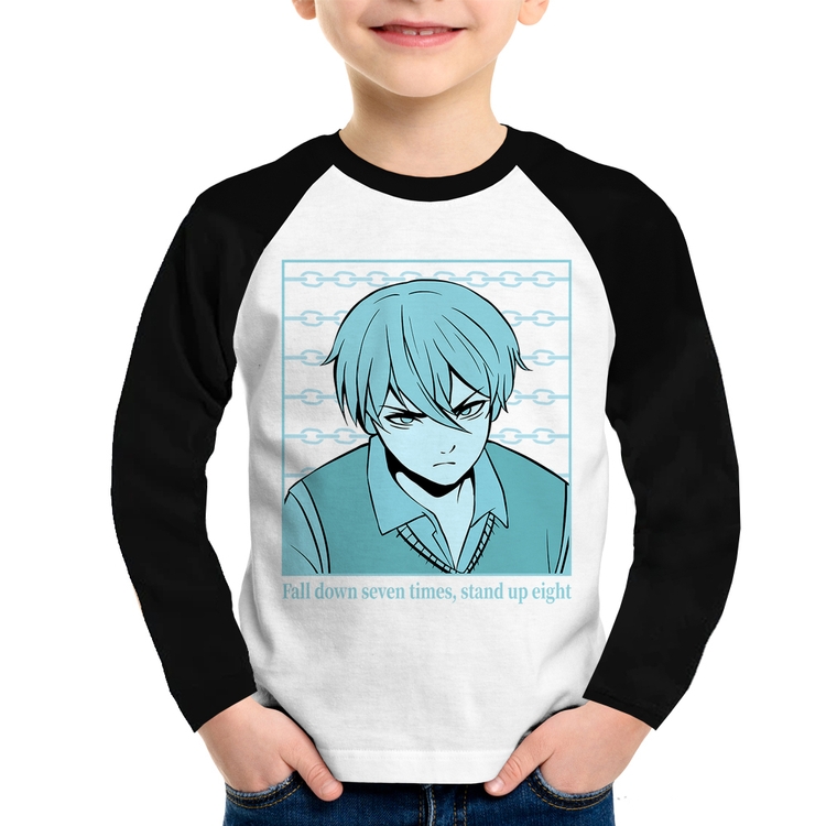 Camiseta Raglan Infantil Fall Down Seven Times, Stand Up Eight Manga Longa