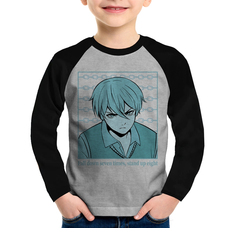 Camiseta Raglan Infantil Fall Down Seven Times, Stand Up Eight Manga Longa - Cinza/Preto