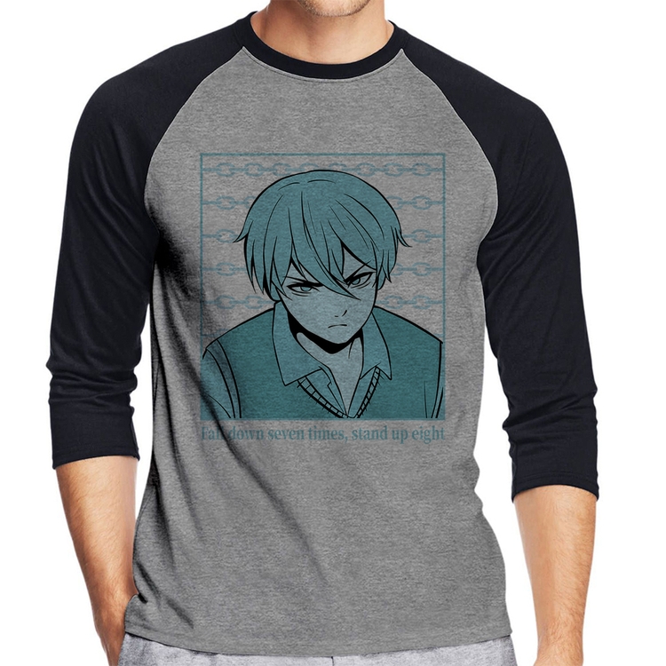 Camiseta Raglan Fall Down Seven Times, Stand Up Eight Manga 3/4 - Cinza/Preto