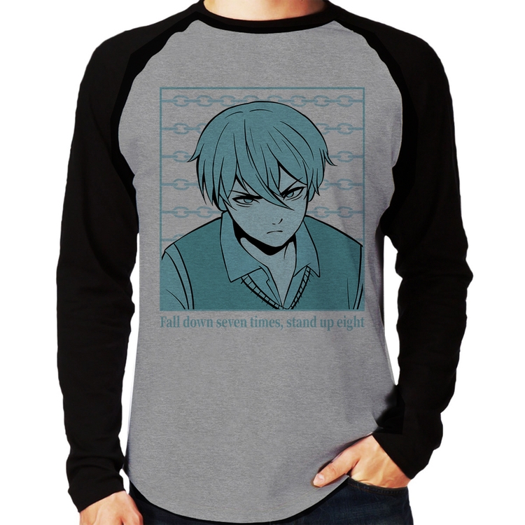 Camiseta Raglan Fall Down Seven Times, Stand Up Eight Manga Longa - Cinza/Preto