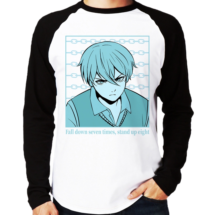 Camiseta Raglan Fall Down Seven Times, Stand Up Eight Manga Longa