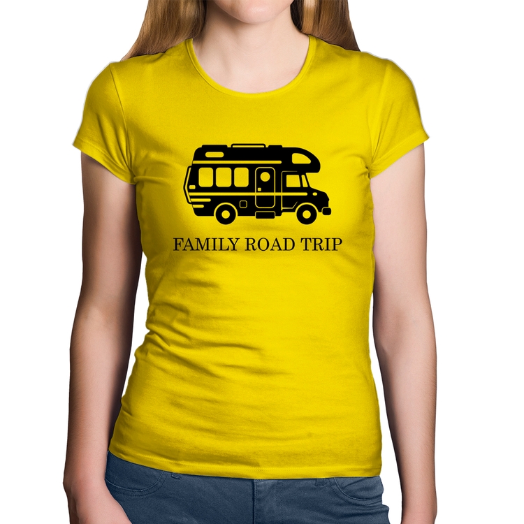 Baby Look Algodão Family Road Trip Motorhome - Amarela