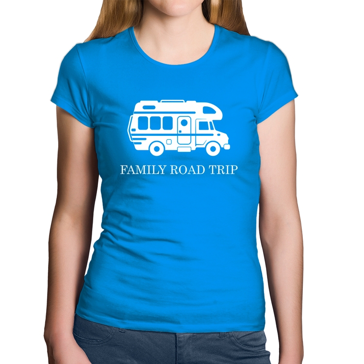 Baby Look Algodão Family Road Trip Motorhome - Azul