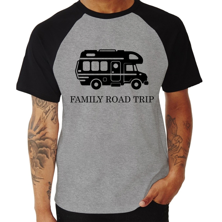Camiseta Raglan Family Road Trip Motorhome - Cinza/Preto