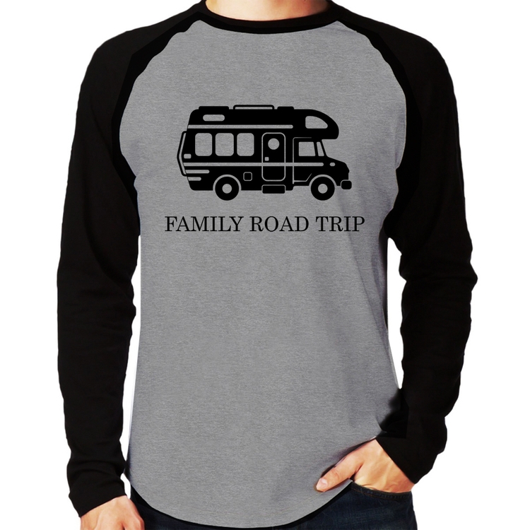 Camiseta Raglan Family Road Trip Motorhome Manga Longa - Cinza/Preto
