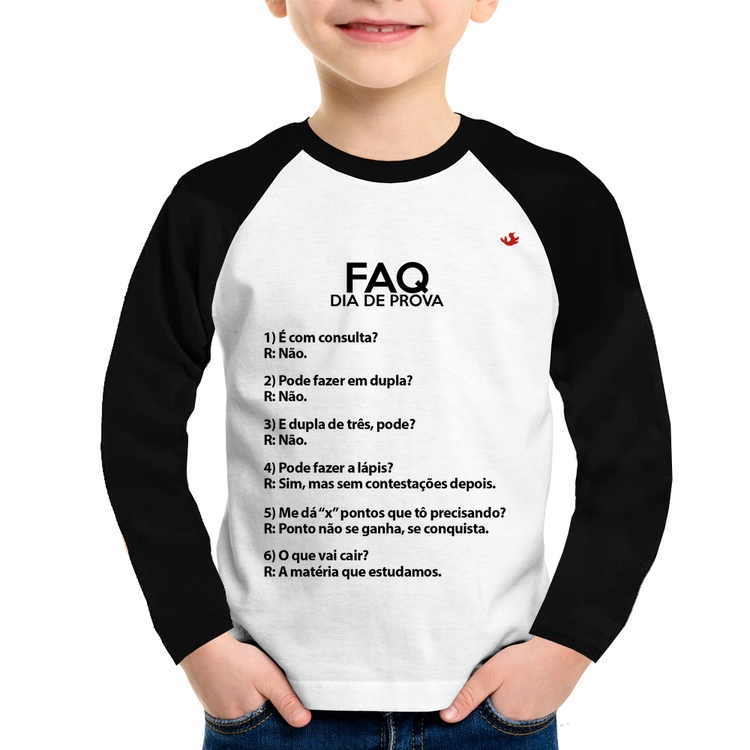 Camiseta Raglan Infantil FAQ Dia de Prova Manga Longa
