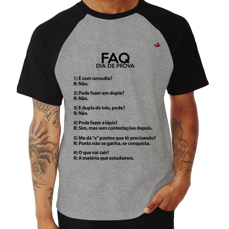 Camiseta Raglan FAQ Dia de Prova - Cinza/Preto