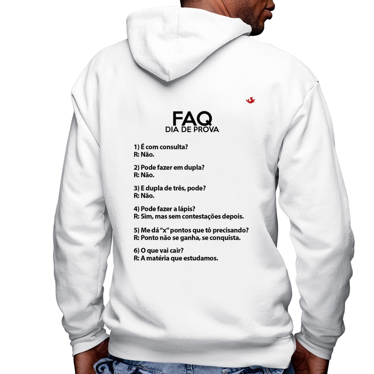 Blusa Moletom FAQ Dia de Prova Masculina com Capuz e Zíper - Branca