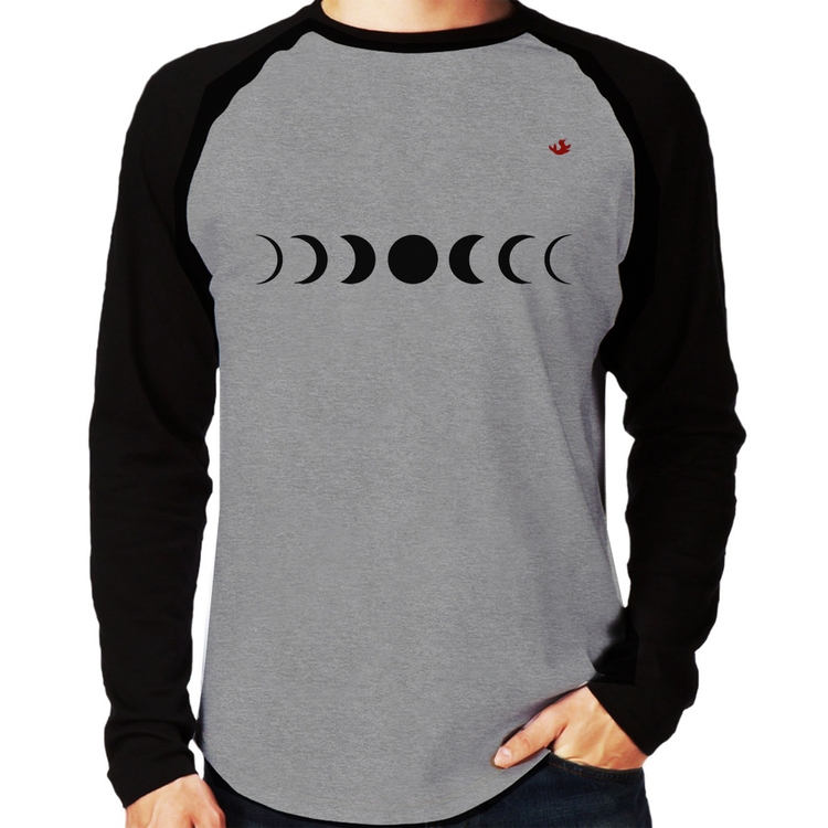 Camiseta Raglan Fases da Lua Manga Longa - Cinza/Preto