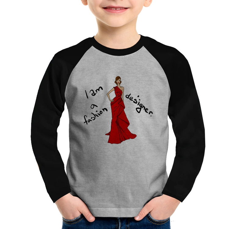 Camiseta Raglan Infantil Fashion Designer Manga Longa - Cinza/Preto