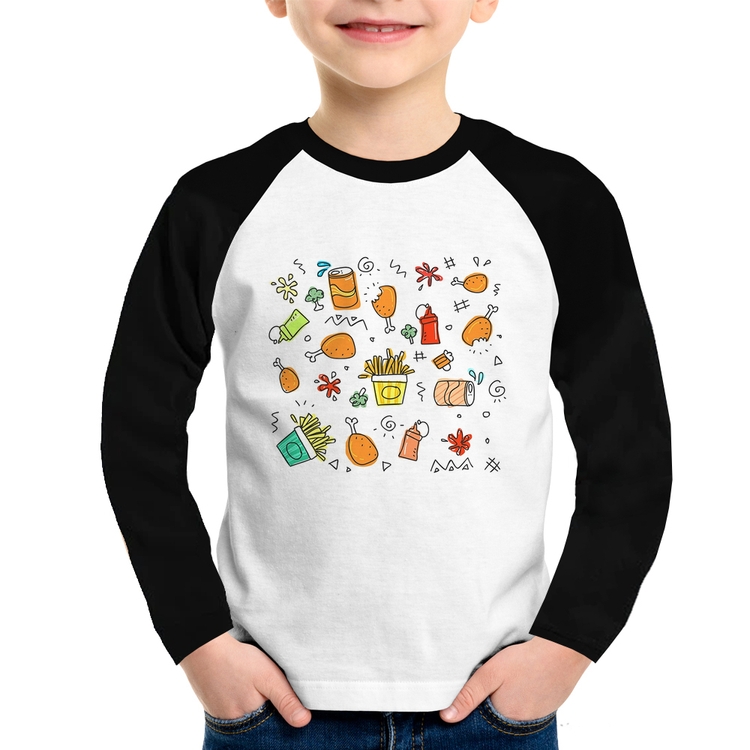 Camiseta Raglan Infantil Fast Food Manga Longa
