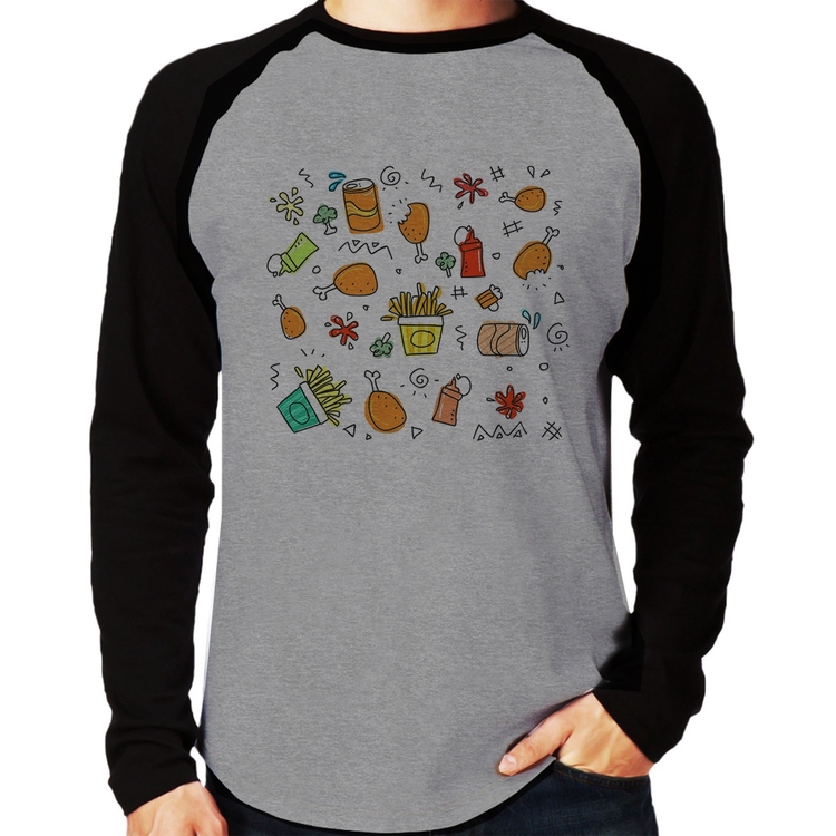 Camiseta Raglan Fast Food Manga Longa - Cinza/Preto