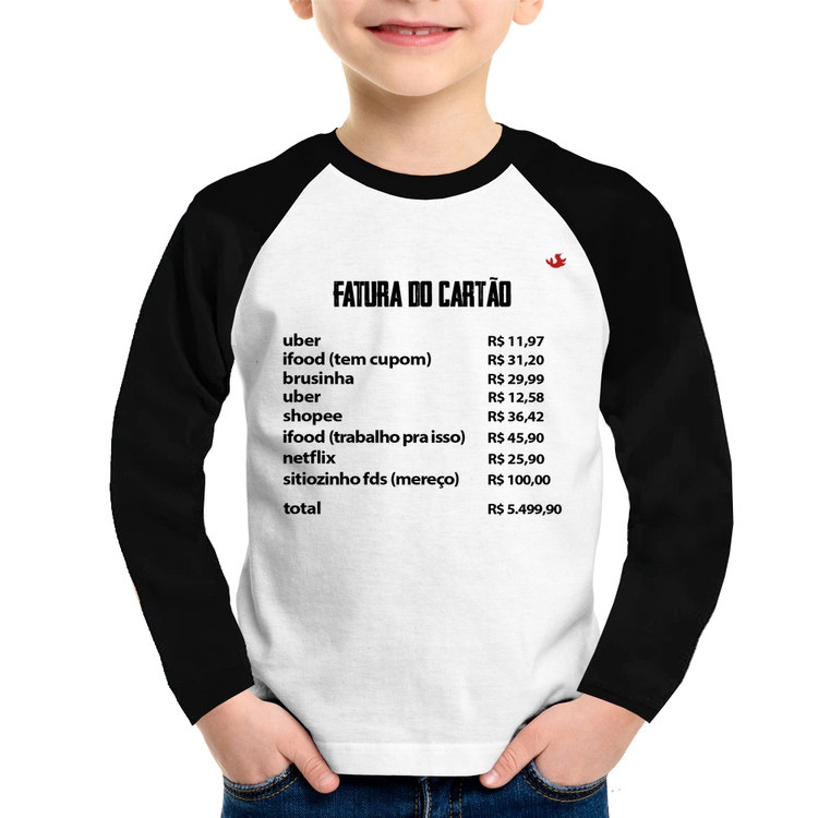 Camiseta Raglan Infantil Fatura do Cartão Manga Longa