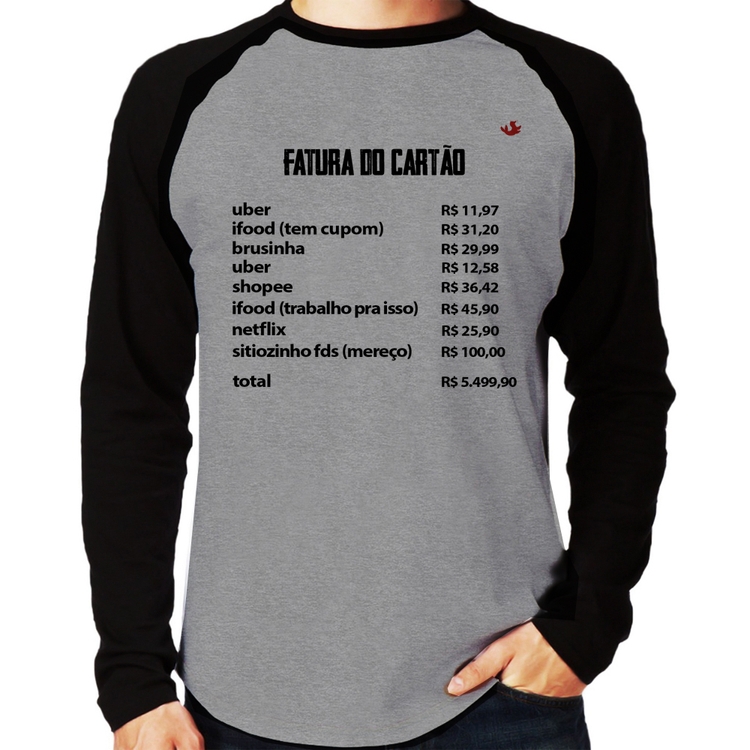 Camiseta Raglan Fatura do Cartão Manga Longa - Cinza/Preto