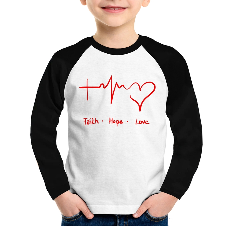 Camiseta Raglan Infantil Fé, Esperança, Amor Manga Longa