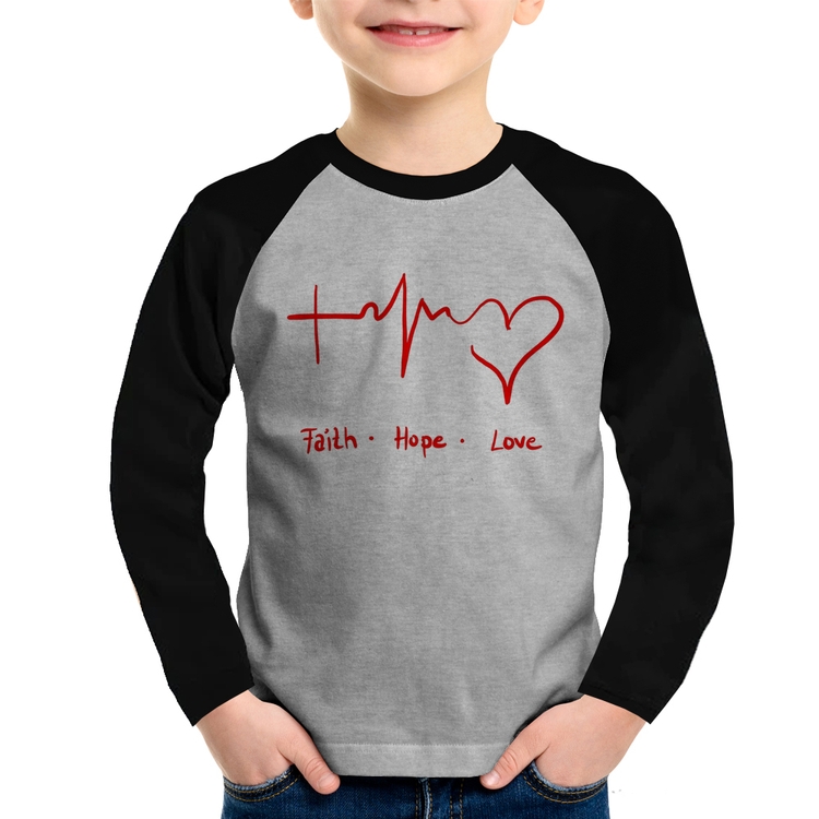 Camiseta Raglan Infantil Fé, Esperança, Amor Manga Longa - Cinza/Preto