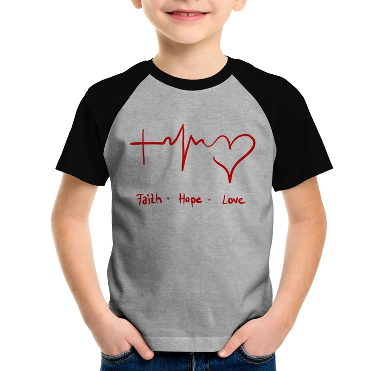 Camiseta Raglan Infantil Fé, Esperança, Amor - Cinza/Preto