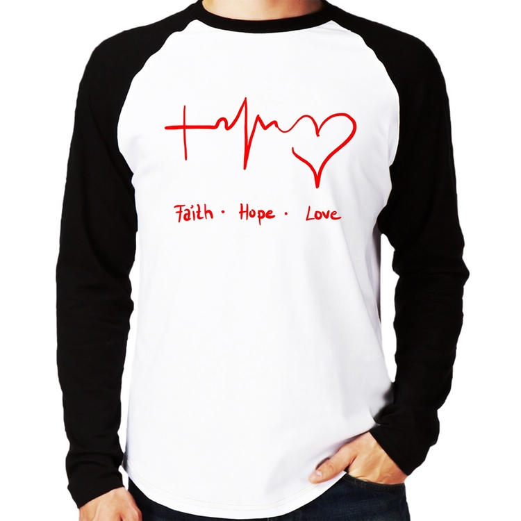 Camiseta Raglan Fé, Esperança, Amor Manga Longa
