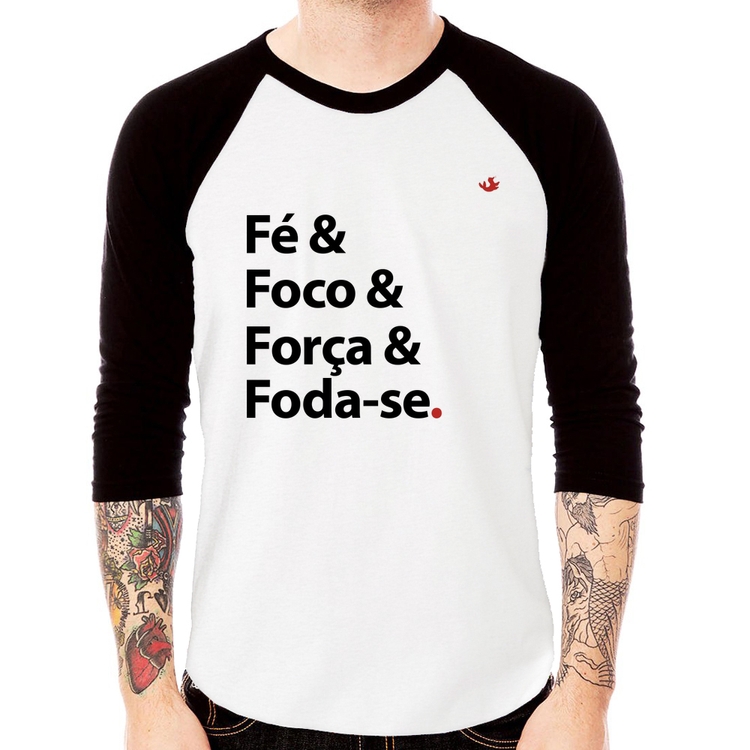 Camiseta Raglan Fé & Foco & Força & Foda-se Manga 3/4