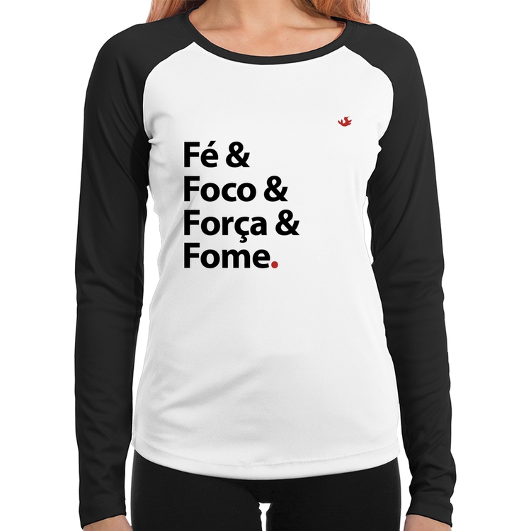 Baby Look Raglan Fé & Foco & Força & Fome Manga Longa