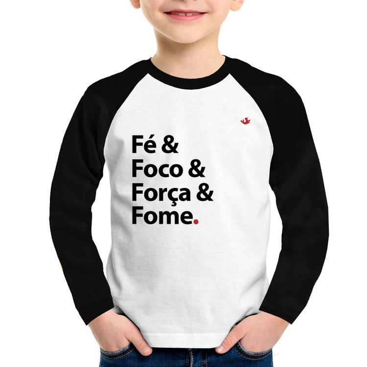 Camiseta Raglan Infantil Fé & Foco & Força & Fome Manga Longa
