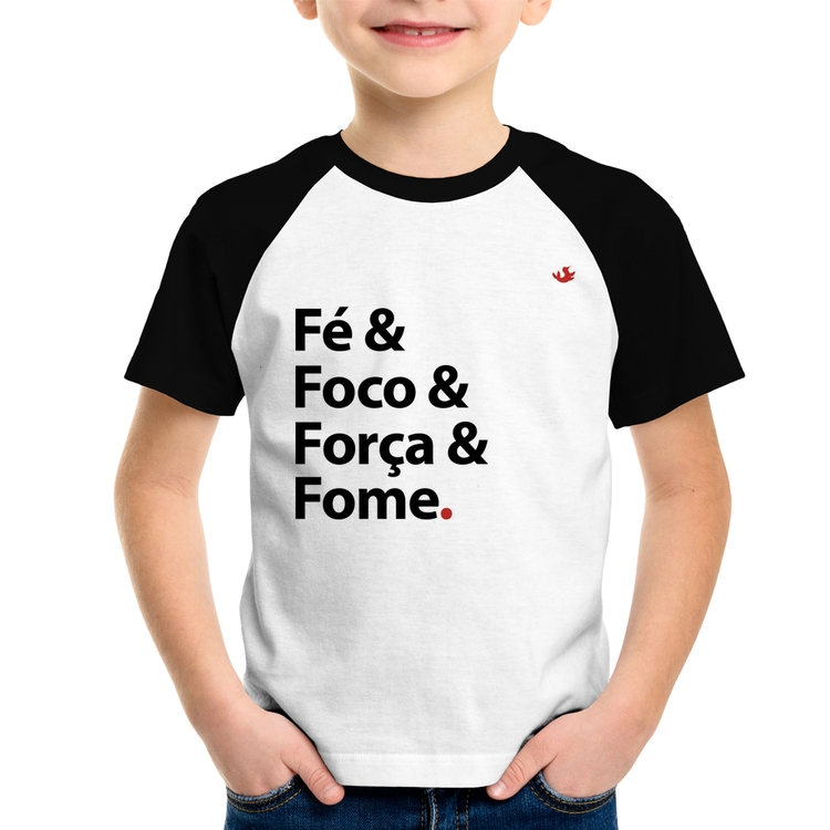 Camiseta Raglan Infantil Fé & Foco & Força & Fome