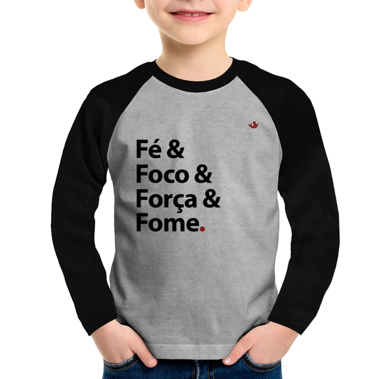 Camiseta Raglan Infantil Fé & Foco & Força & Fome Manga Longa - Cinza/Preto
