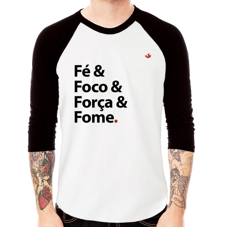 Camiseta Raglan Fé & Foco & Força & Fome Manga 3/4