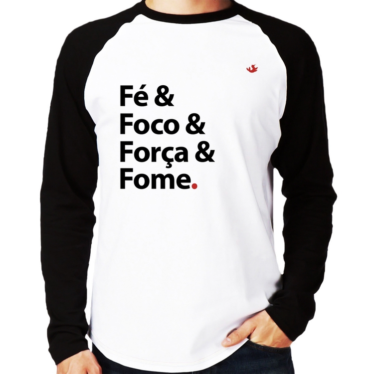 Camiseta Raglan Fé & Foco & Força & Fome Manga Longa
