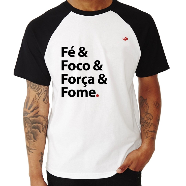 Camiseta Raglan Fé & Foco & Força & Fome
