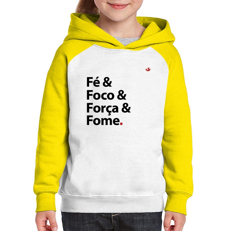 Moletom Infantil Fé & Foco & Força & Fome - Branco/Amarelo