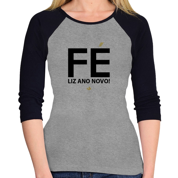 Baby Look Raglan Fé liz ano novo! Manga 3/4 - Cinza/Preto