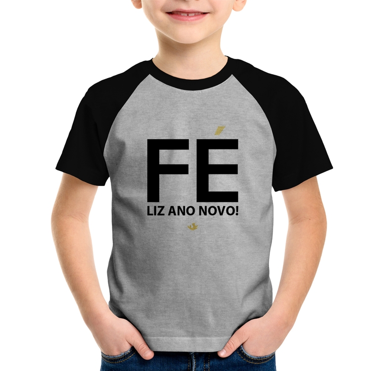 Camiseta Raglan Infantil Fé liz ano novo! - Cinza/Preto