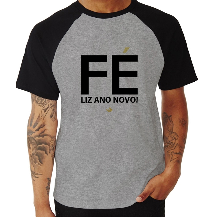 Camiseta Raglan Fé liz ano novo! - Cinza/Preto