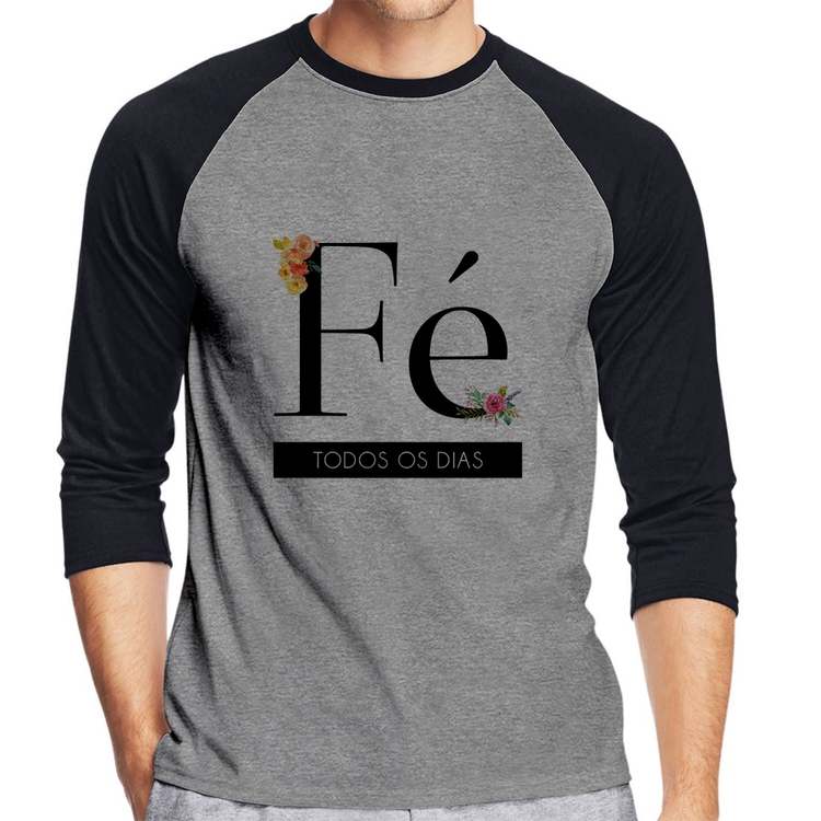 Camiseta Raglan Fé todos os dias Manga 3/4 - Cinza/Preto