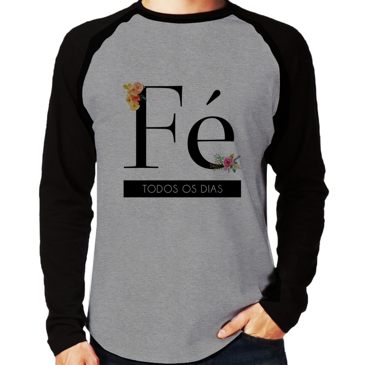 Camiseta Raglan Fé todos os dias Manga Longa - Cinza/Preto