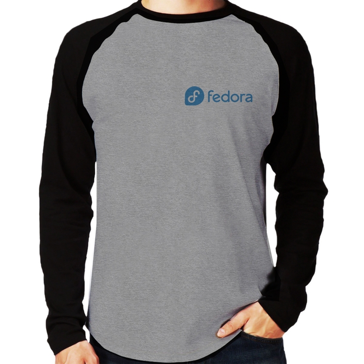 Camiseta Raglan Fedora Linux Manga Longa - Cinza/Preto