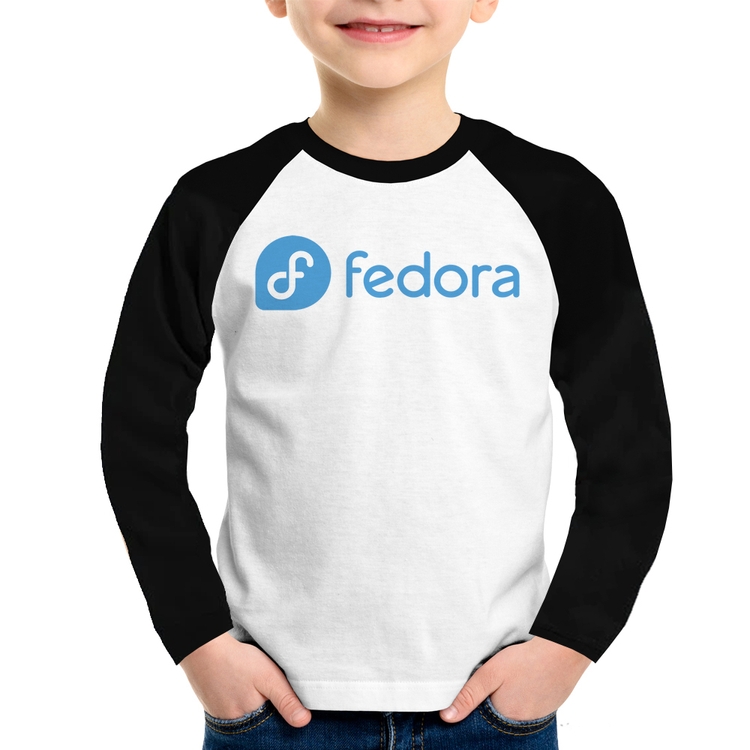 Camiseta Raglan Infantil Fedora Linux Logo Manga Longa