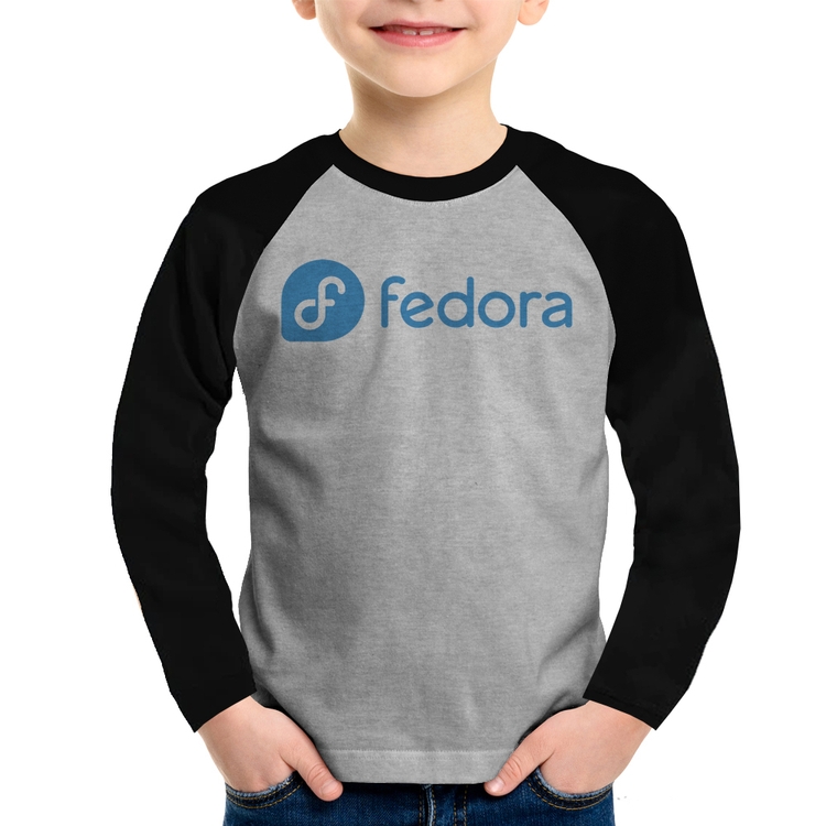 Camiseta Raglan Infantil Fedora Linux Logo Manga Longa - Cinza/Preto