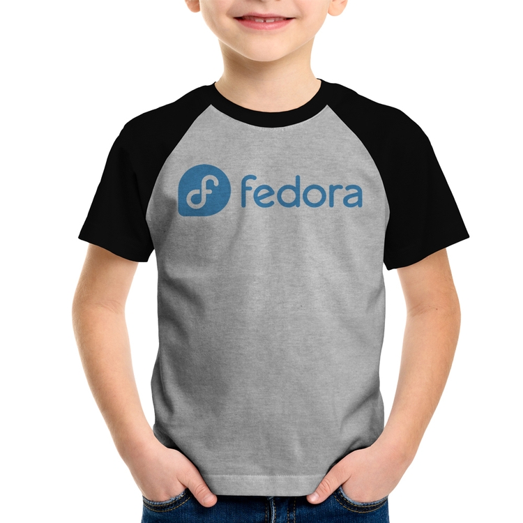 Camiseta Raglan Infantil Fedora Linux Logo - Cinza/Preto