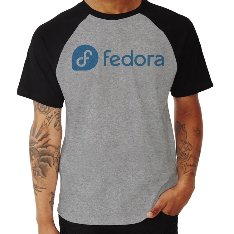 Camiseta Raglan Fedora Linux Logo - Cinza/Preto