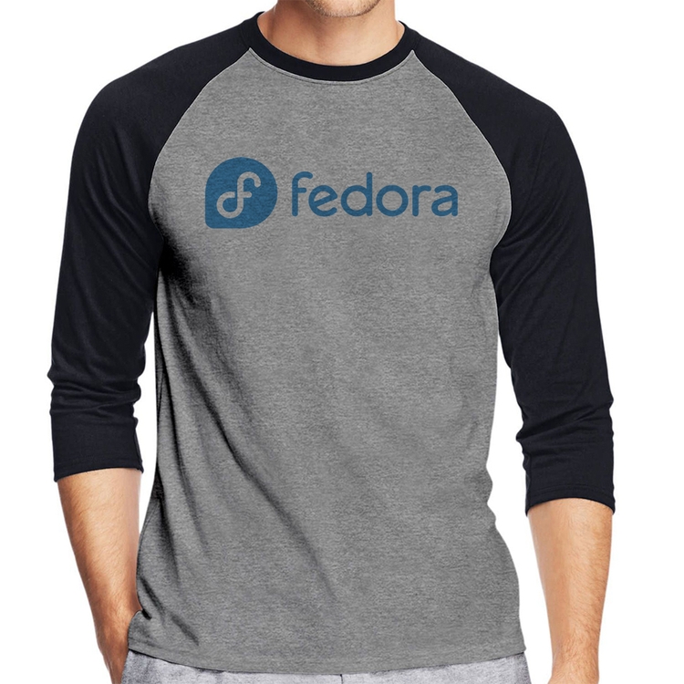 Camiseta Raglan Fedora Linux Logo Manga 3/4 - Cinza/Preto