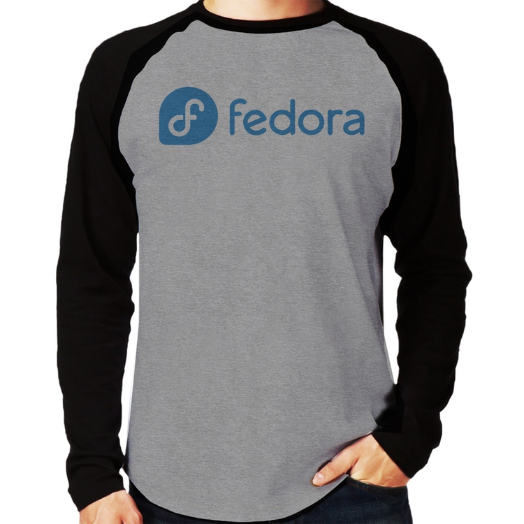 Camiseta Raglan Fedora Linux Logo Manga Longa - Cinza/Preto