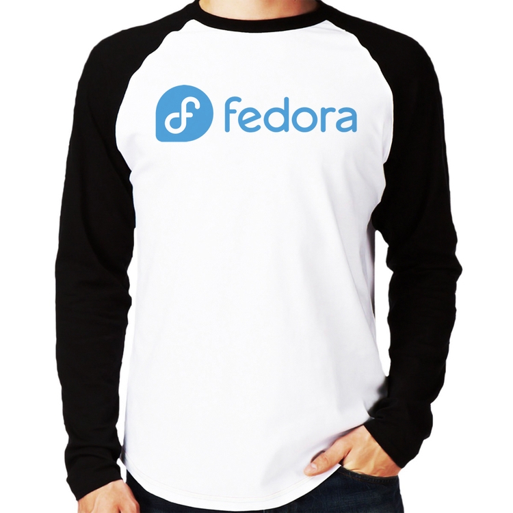 Camiseta Raglan Fedora Linux Logo Manga Longa
