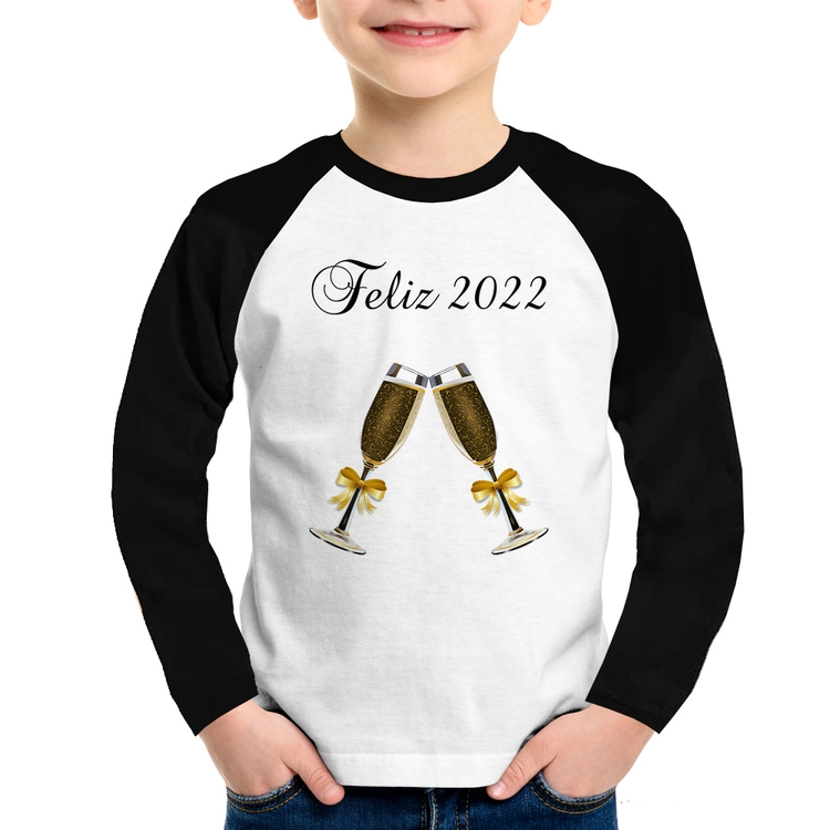 Camiseta Raglan Infantil Feliz 2022 Manga Longa